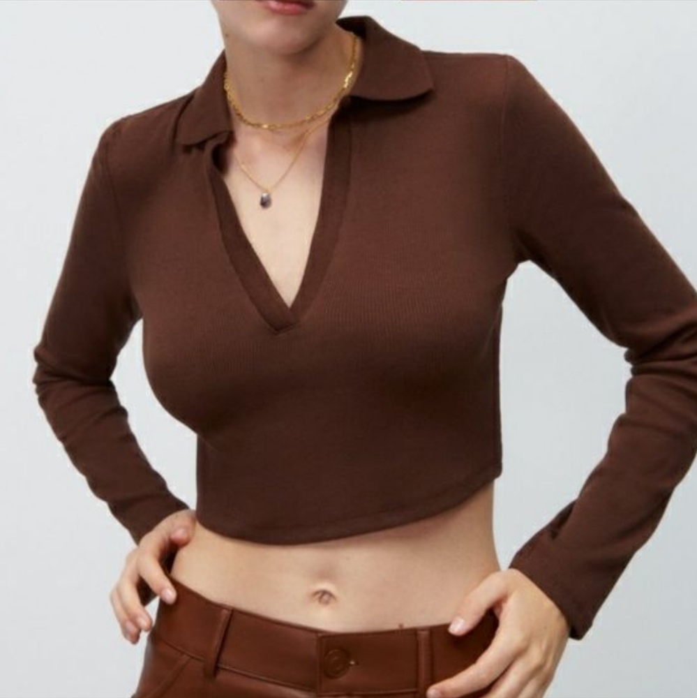 zara long sleeve collared crop top in chocolate brown, small